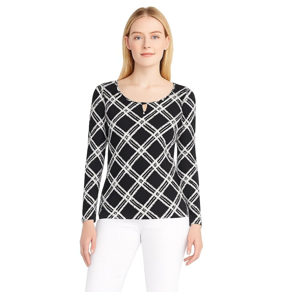 NWT White House Black Market Long Sleeve Tee Pure Plaid Rotated Black L